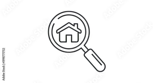 Magnifying glass icon over house outline for real estate search concept