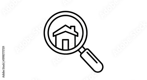 Magnifying glass icon over house outline for real estate and property search
