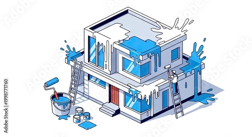 House painting illustration modern home with blue paint splashes and workers