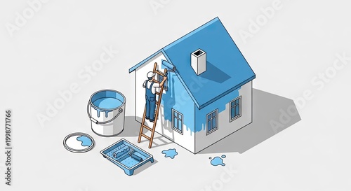 House painting illustration worker applying blue paint on roof and walls