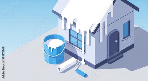 House painting illustration with paint bucket and roller for home improvement