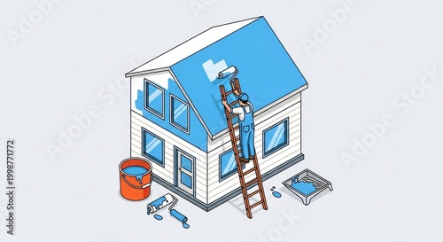House painting illustration worker on ladder applying blue paint to roof
