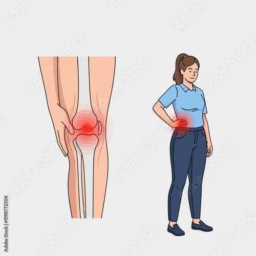 Woman experiencing pain in hip and knee joints, medical illustration.