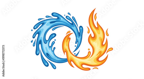 Photos Water and Fire elements colliding and swirling in a yin yang symbol against whit