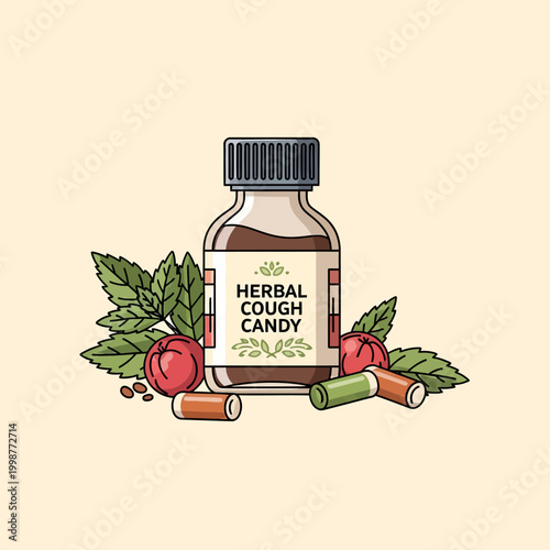 Illustration of herbal cough candy with mint leaves and fruits on a light background.