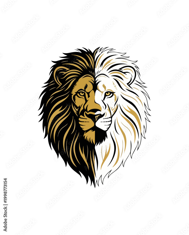Obraz premium Lion head icon gold and white on black background