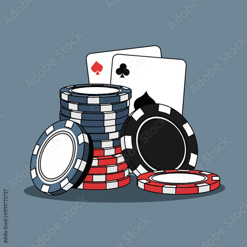 Casino chips and playing cards illustration, gambling concept on a blue background.
