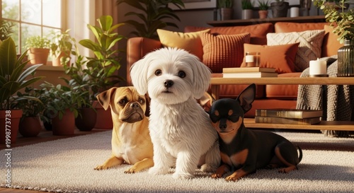 Three dogs sitting on a rug inside a room with plants and furniture