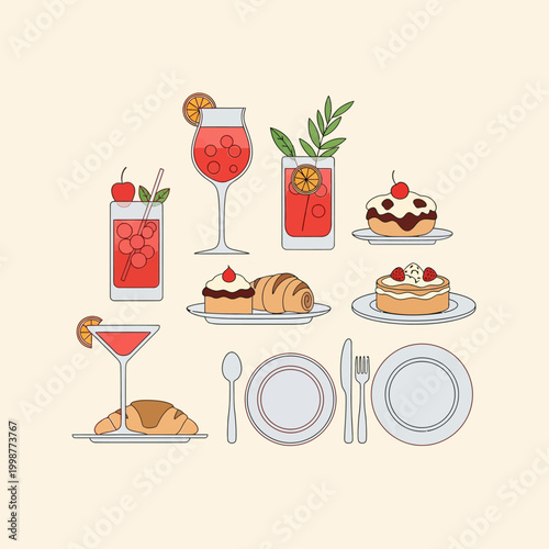 Delicious cocktails and pastries on a table, perfect for a cafe or restaurant.