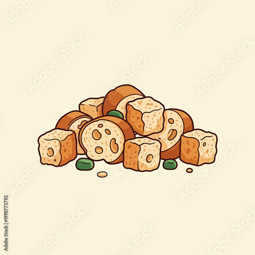 Delicious pile of toasted bread croutons ready for a salad or soup.