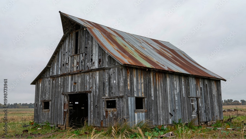 Obraz premium Abandoned Rustic Barn with Rusty Roof in Rural Countryside