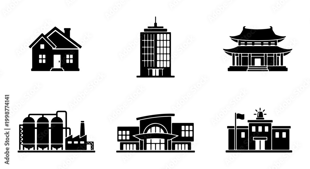 Naklejka premium Diverse Architectural Icon Set Featuring Residential, Commercial, and Industrial Buildings 