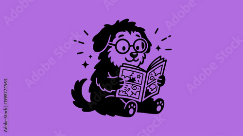 Cute dog wearing glasses reading.