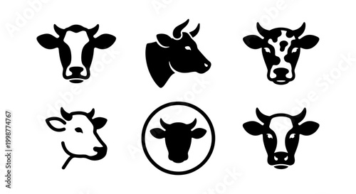Photos Set of Cow Head Silhouettes, Vector Cattle Icons for Farm and Dairy Logo Design