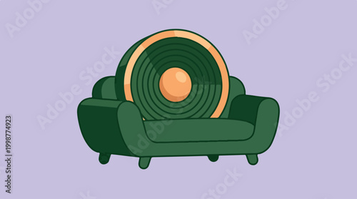 Green Sofa with Round Orange Cushion.