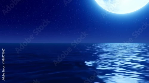 Serene Night Ocean with Glowing Moon and Stars, Abstract Animated Backdrop