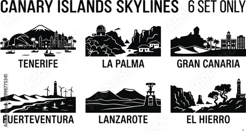  6 Canary Islands Skyline Silhouettes Tenerife Gran Canaria Lanzarote Flat Black Vector Bundle 2026 