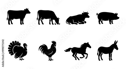 Bild auf Leinwand Farm Animal Silhouettes Collection: Cow, Pig, Horse, Turkey, Rooster, Donkey Ico