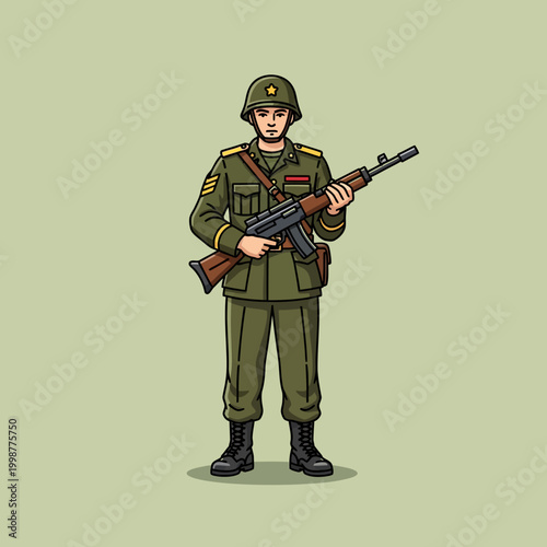Illustration of a soldier in uniform holding a rifle, ready for duty.