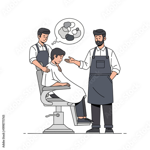Barber shop scene with three men discussing a haircut style and design.