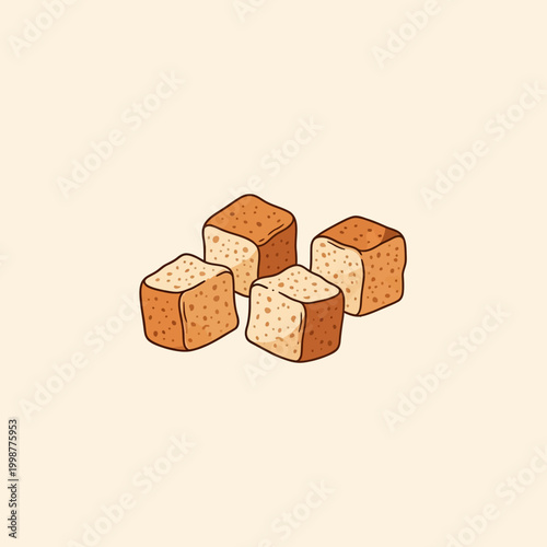 Illustration of four delicious toasted bread croutons on a light background.