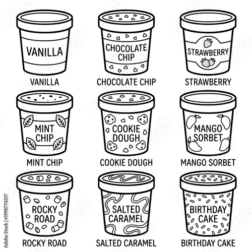 Assorted Ice Cream Flavors Pints Collection Vector Illustration.
