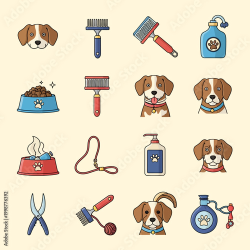 Collection of dog grooming tools and cute beagle dog illustrations on beige background.