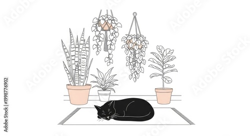 Black cat resting among potted plants on a rug illustration
