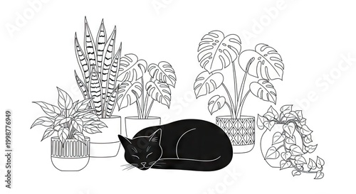 Black cat sleeping near houseplants in detailed line art illustration