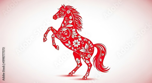 Elegant red horse illustration against a light background with floral pattern