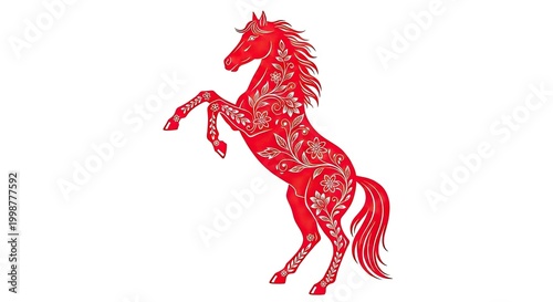 Elegant red horse illustration with floral embellishments on white background