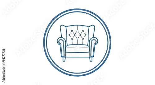 Elegant wingback chair icon within a circular frame on a white background