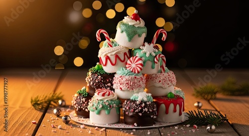 Festive dessert arrangement with colorful frosting and decorations on a wooden table