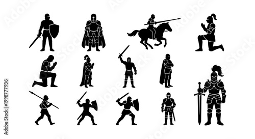 Fotografía Medieval Knight Silhouette Set - Armored Warrior, Horseman, and Paladin Vector I
