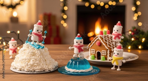 Festive dessert scene with smiling snowman figures and gingerbread house