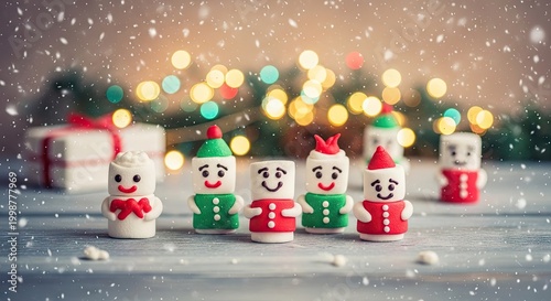 Festive figurines with decorative lights and snow creating a holiday season scene