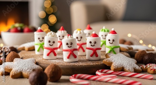 Festive marshmallow characters and cookies on a wooden surface for the holidays