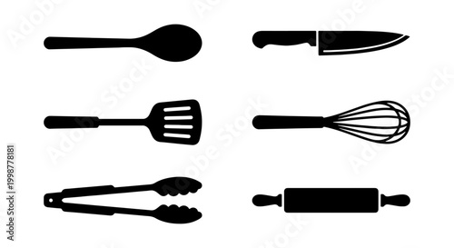 Photos Vector Silhouette Set of Kitchen Utensils Featuring Spoon Knife Spatula Whisk To