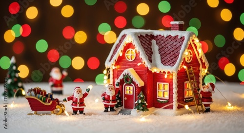 Festive red house with santa figurines and christmas lights display