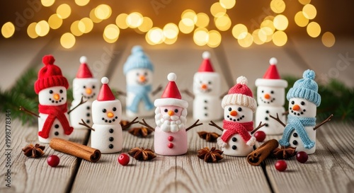 Festive snowman figurines with winter hats and scarves on a wooden surface