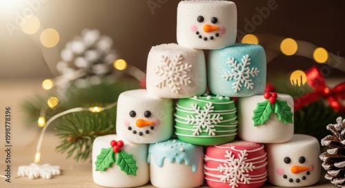 Festive stack of decorated marshmallows with holiday themed decorations