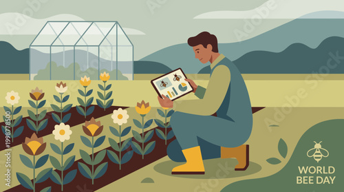 Farmer using tablet to monitor bee health in garden illustration