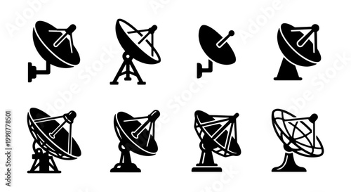 Foto Set of Black Minimalist Satellite Dish and Parabolic Antenna Icons – Communicati