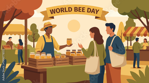 World Bee Day flat illustration of honey market and beekeeper