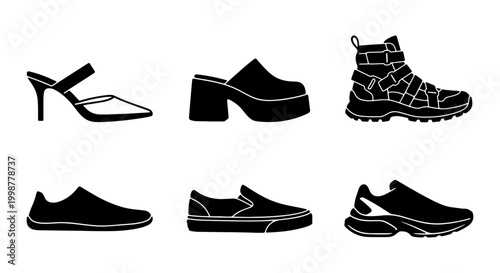 Fotografija Set of Black Footwear Silhouettes Featuring High Heels Platform Mules Combat Boo
