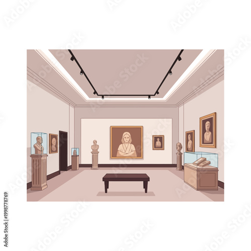 Elegant art gallery interior with paintings and sculptures, vector illustration.