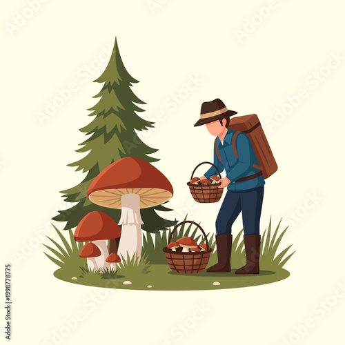 Man foraging for mushrooms in the forest with a basket, illustration.