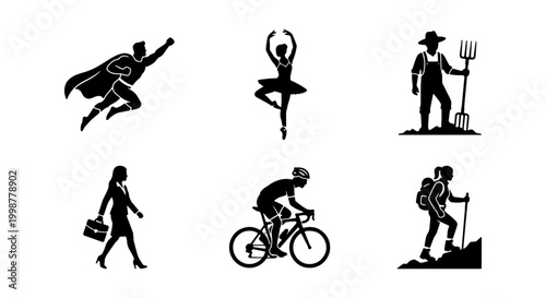 Bild auf Leinwand Set of Diverse People Silhouettes Representing Different Professions, Hobbies, a
