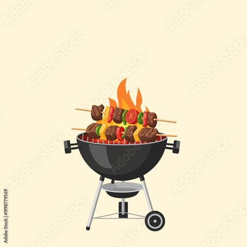 Delicious barbecue grill with skewers and flames, perfect for summer outdoor cooking.