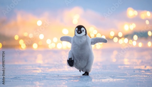 Adorable Emperor Penguin Chick Waddling on Ice with Bokeh Background.